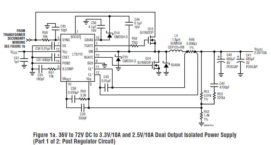 LT3710, Multiple Output Isolated Power Supply Achieves High Efficiency with Secondary Side Synchronous Post Regulator