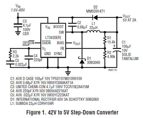 LT3430EFE, 42V to 5V Step-Down Converter