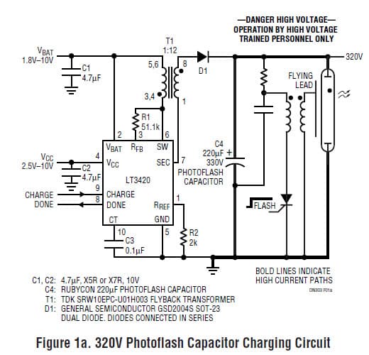 LT3420, 320V Photoflash Capacitor Charging Circuit