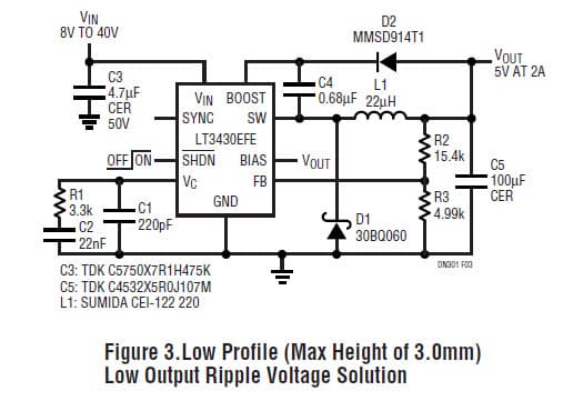 LT3430EFE, Low Profile (Max Height of 3.0mm) Low Output Ripple Voltage Solution