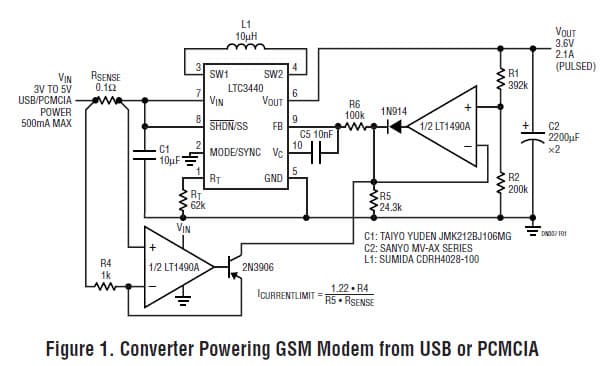 LTC3440, Converter Powering GSM Modem from USB or PCMCIA