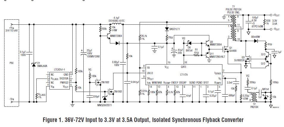 LT1725, 36V-72V Input to 3.3V at 3.5A Output, Isolated Synchronous Flyback Converter