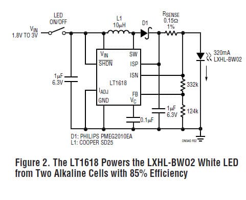 LT1618, DC/DC Converter Drives Lumileds White LEDs from a Variety of Power Sources