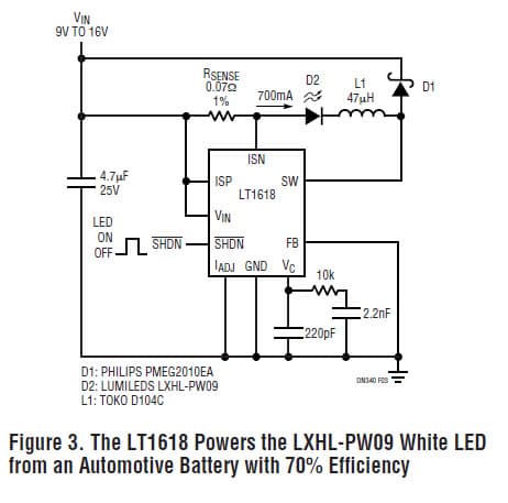 LT1618, DC/DC Converter Drives Lumileds White LEDs from a Variety of Power Sources