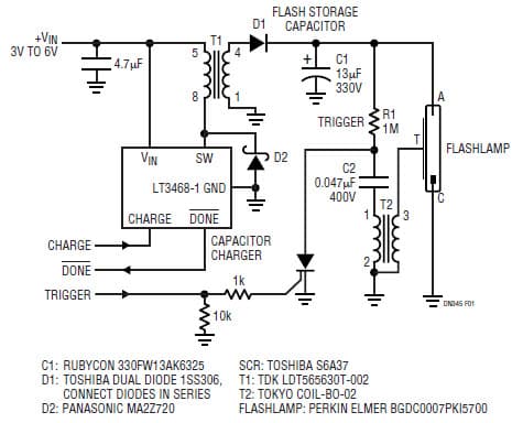 LT3468-1, Basic Flash lamp Illumination Circuitry for Cellular Telephones/Cameras