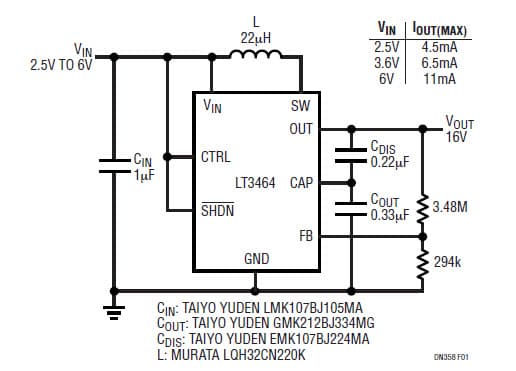 LT3464, 16V Bias Supply provide 6.5mA at an efficiency of 77%