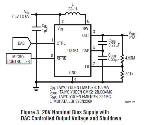 LT3464, 20V Nominal Bias Supply with DAC Controlled Output Voltage and shut-down