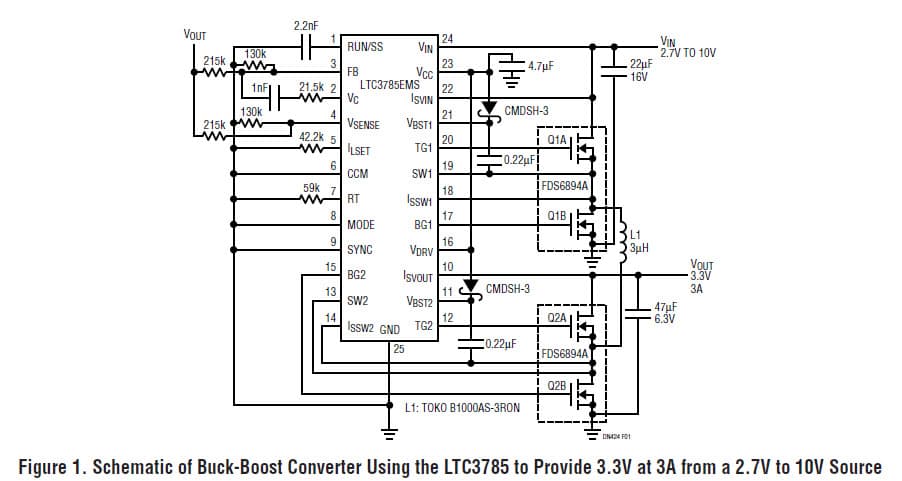 Buck-Boost Converter Using the LTC3785 to Provide 3.3V at 3A from a 2.7V to 10V Source