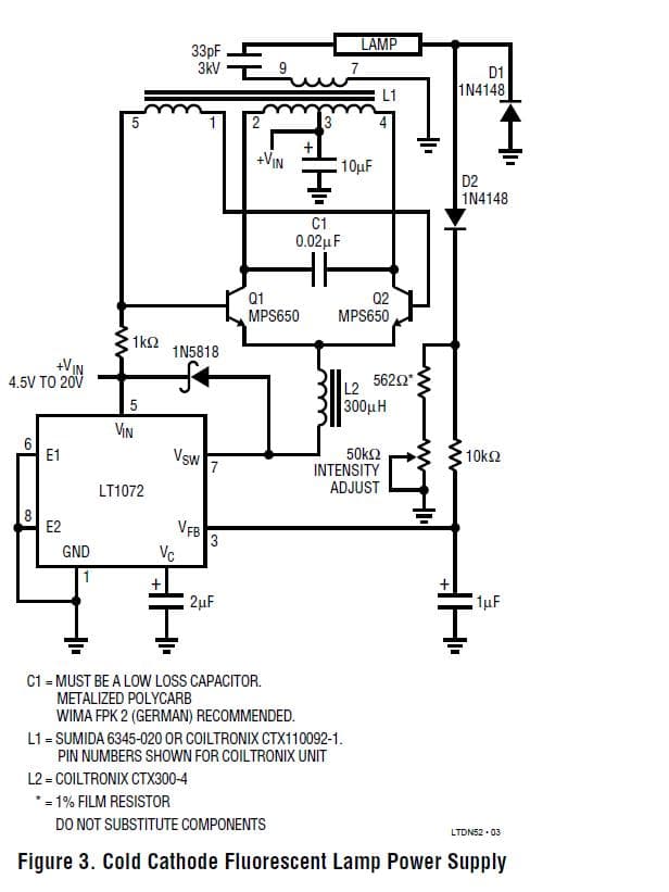 LT1072, Cold Cathode Fluorescent Lamp Power Supply