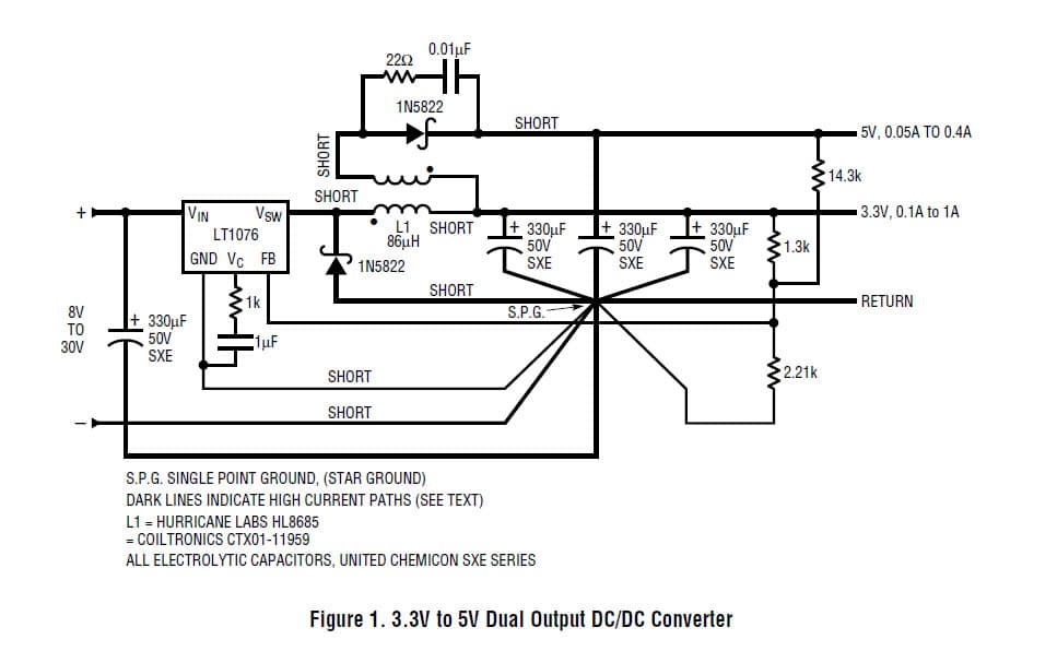 LT1076, 3.3V to 5V Dual Output DC/DC Converter