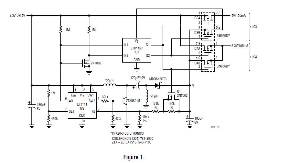 LTC1157, Regulator Circuit Generates Both 3.3V and 5V Outputs from 3.3V or 5V to Run Computers and RS232