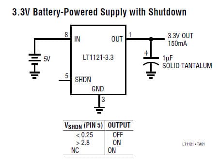 LT1121-3.3, 3.3V Battery-Powered Supply with shut-down