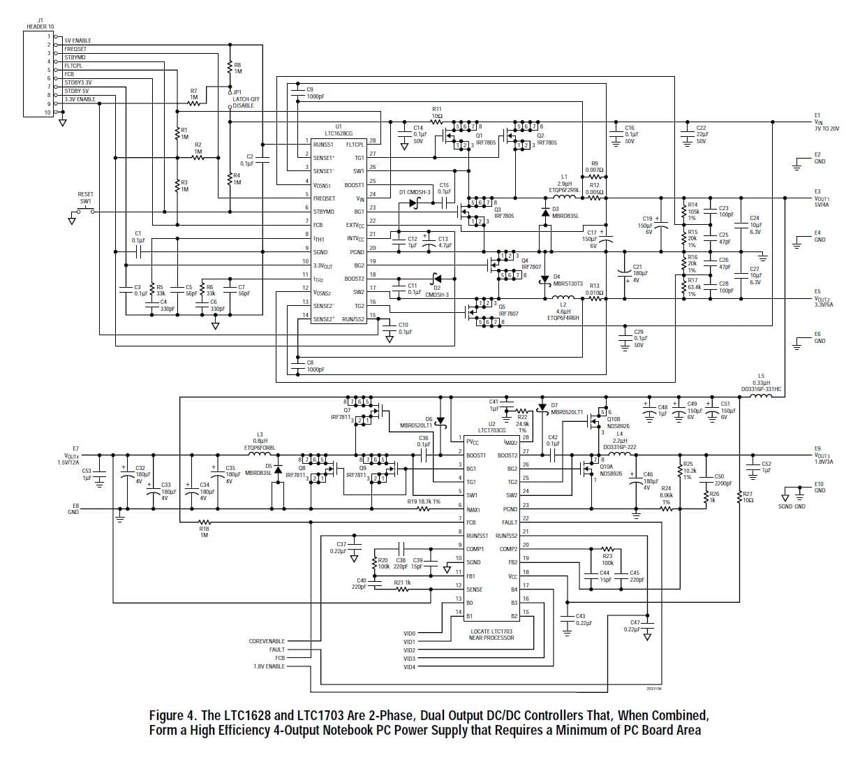 LTC1628 and LTC1703, Two phase, dual output DC to DC controllers for output notebook PC power supply