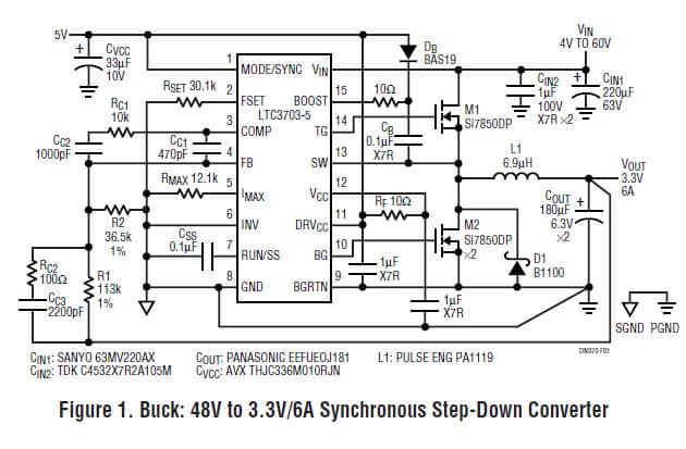 LTC3703-5, Buck 48V to 3.3V/6A Synchronous Step-Down Converter