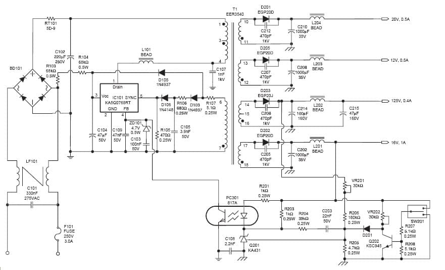 82W, 12V, 16V, 20V, 125V AC to DC Multi-Output Power Supply