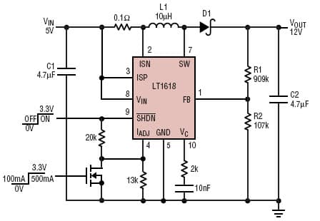 LT1618, USB to 12V boost converter with selectable 100mA/500mA current limit