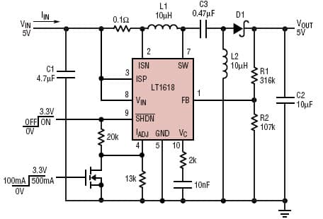 LT1618, USB to 5V SEPIC Converter with Short-Circuit Protection