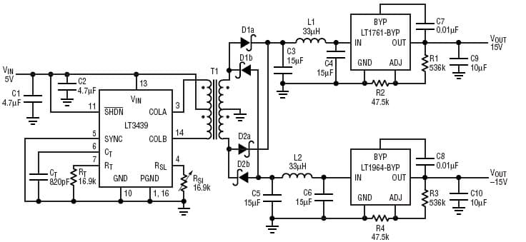 LT3439, Dual output isolated step-up converter has well-controlled EMI