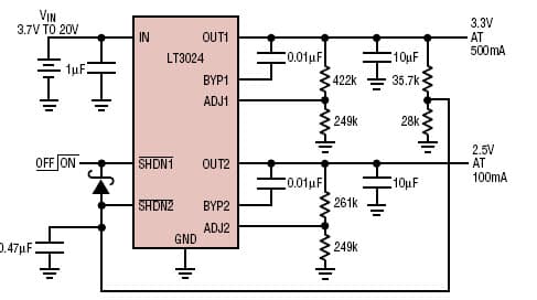 Design Circuit based on LT3024 being used to sequence the Start-Up of the Regulators