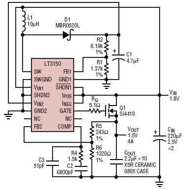 Design Circuit Using LT3150 1.5V, 4A Very Low Dropout Linear Regulator Outperforms Switching Regulators in Low VOUT Applications