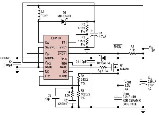 Design Circuit Using LT3150 1.8V to 1.5V, 4A Very Low Dropout Linear Regulator Outperforms Switching Regulators in Low VOUT Applications