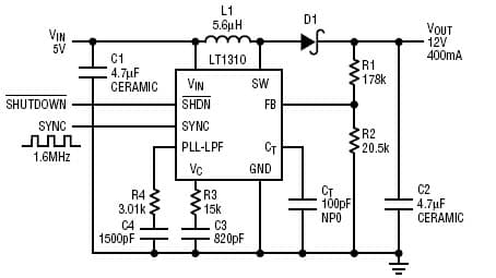 LT1310, 5V to 12V converter synchronized at 1.6MHz