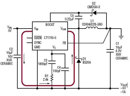 LT1765-5, Lower the Output Voltage Ripple of Positive-to-Negative DC/DC Converters with Optimum Capacitor Hook-Up