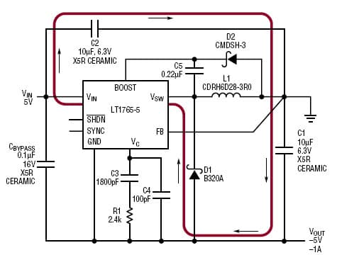 LT1765-5, Lower the Output Voltage Ripple of Positive-to-Negative DC/DC Converters with Optimum Capacitor Hook-Up