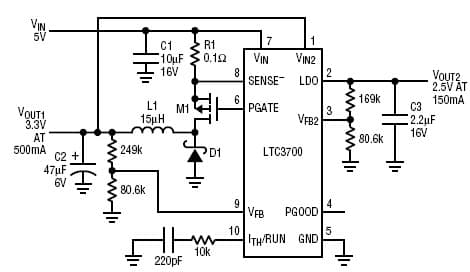 LTC3700, Buck Controller with 5V input to dual output