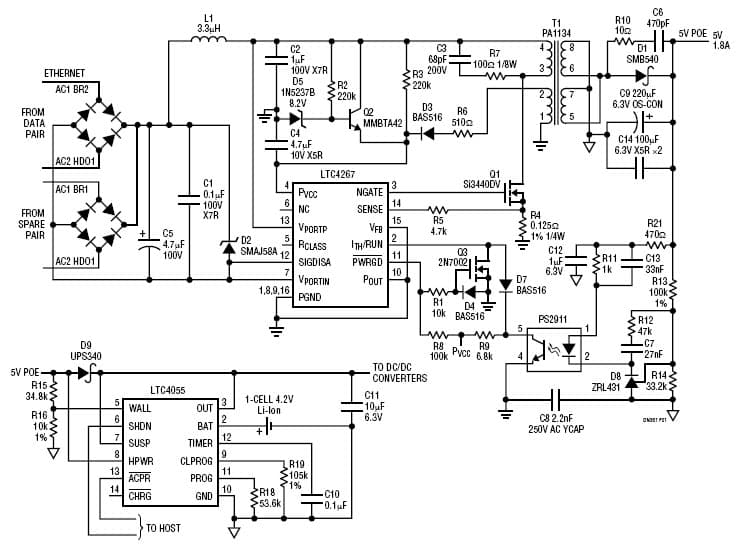 LTC4267, Simple Battery Circuit Extends Power over Ethernet (PoE) Peak Current