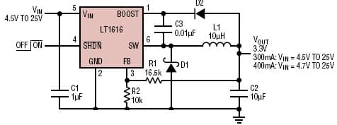 LT1616 Converter Produces 3.3V at 400mA