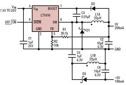 Circuit produces a bipolar output using an inductor with two 1:1 windings