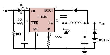 Circuit protects the LT1616 and its load from reversed input voltage