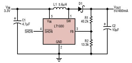 LT1930, 3.3V to 5V/450mA step-up DC/DC converter