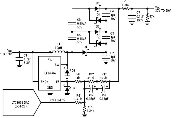 LT1930A-based boost regulator produces 30V to 90V for avalanche photodiode bias supplies