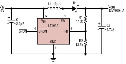 LT1930, 5V to 12V/300mA step-up DC/DC converter