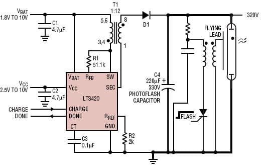 LT3420, 320V photoflash capacitor charging circuit