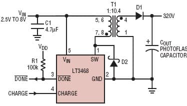 LT3468, Compact, 320V photoflash capacitor charging circuit needs no zener