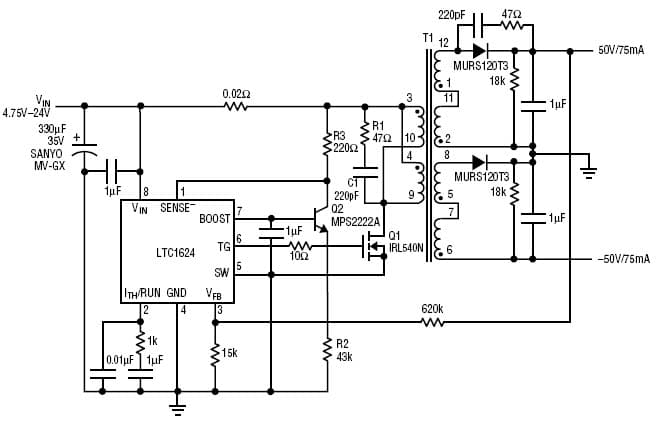 LTC1624, Wide-input-range flyback regulator provides 50V at 75mA