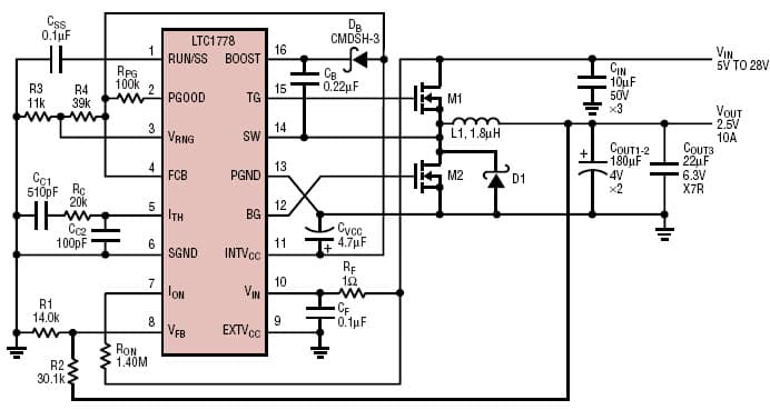 LTC1778, 2.5V/10A converter switches at 250kHz