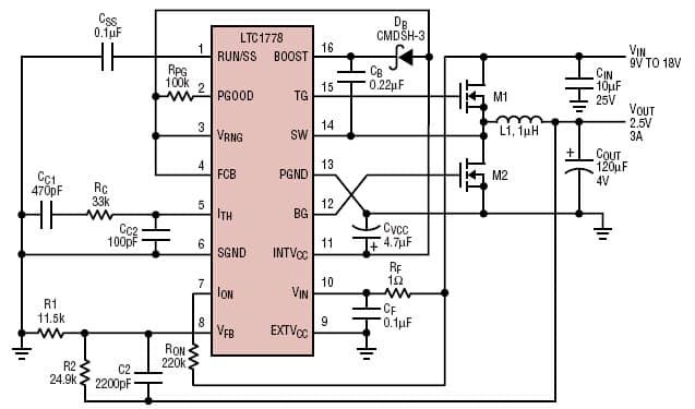 LTC1778, 2.5V/3A converter switches at 1.4MHz