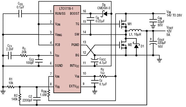 LTC1778-1, 12V/5A converter switches at 300kHz