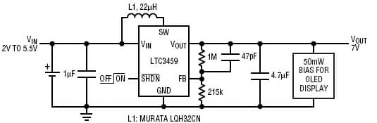 LTC3459, Powering a 7V, 50mW OLED from a 2V5.5V input