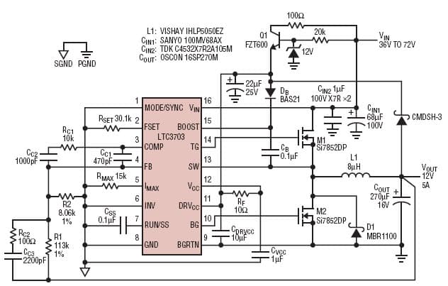 LTC3703, 36V72V to 12V/5A synchronous step-down converter