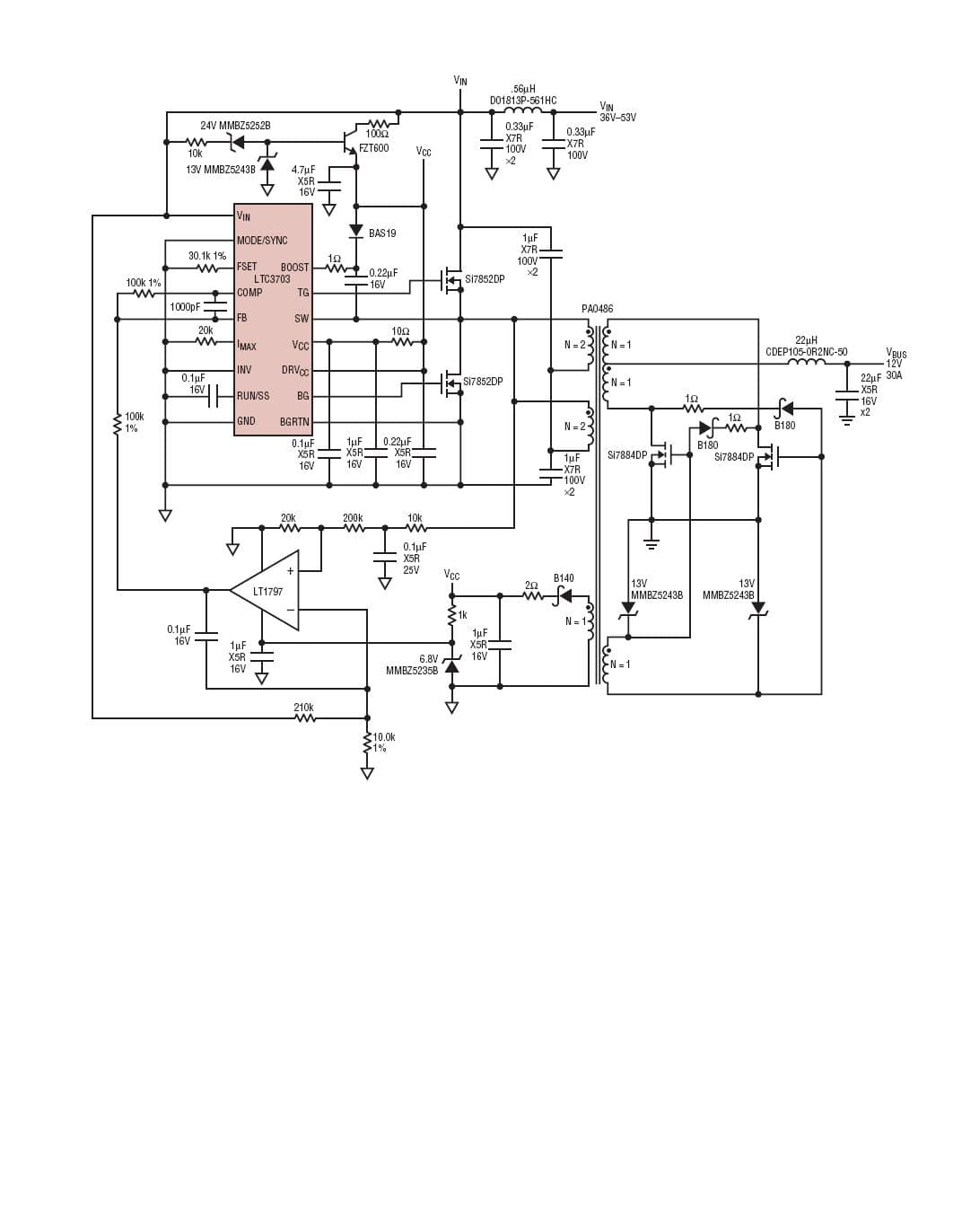 LTC3703, 48-to-12V 360W isolated power supply