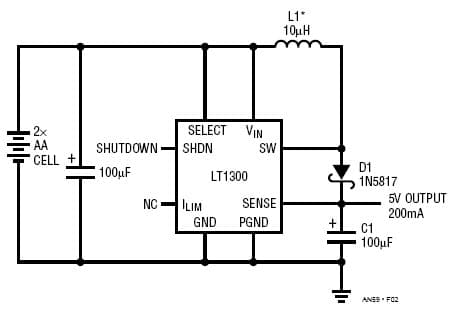 LT1300, Two-Cell to 5V DC/DC Converter Delivers >200mA with a 2V Input