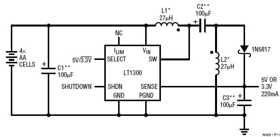 LT1300, 4-Cell to 3.3V or 5V Converter Output Goes to Zero When in shut-down