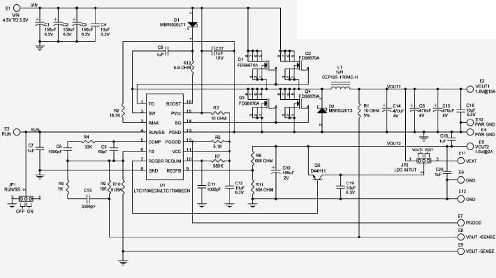 LTC1704EGN Demo Board, 550kHz Synchronous Buck, Burst Mode With Linear Regulator