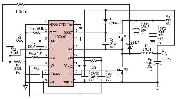 LTC3703, 12-to-24V, 5A synchronous boost converter