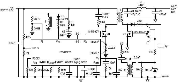 LT3825EFE, Simple, High Efficiency 36VIN-72VIN to 3.3VOUT at 12A Synchronous Flyback